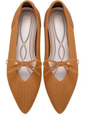 Women's Brown Pointed Toe Flats Comfortable Knit Washable Casual Ballet Shoes